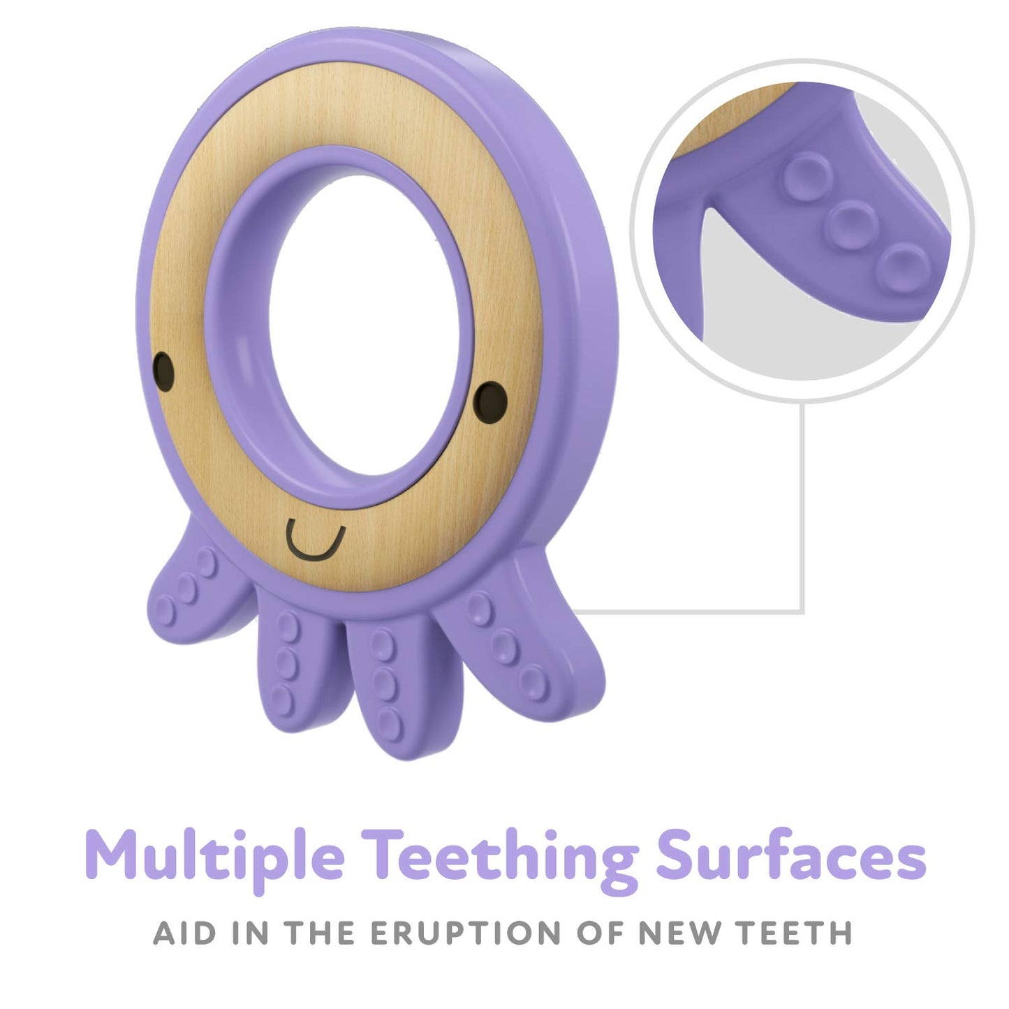 Nuby Natural Wood & Silicone Teether: Octopus, 3M+, Purple (80804)