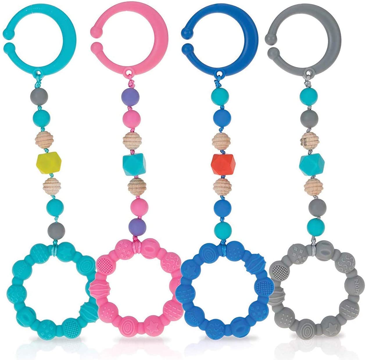 Nuby 100% Silicone Teether Ring with Silicone Beaded String and Clip for Carseat and Stroller, 3 Months + (Aqua)