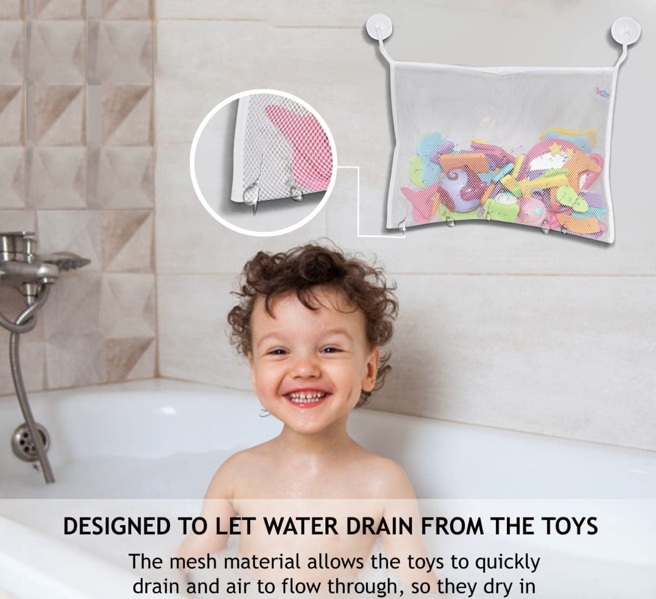ToeZee Bath Toy Organizer Bag with Suction Cups | Mesh Toys Organizer Bag Keeps All of Your Toddlers Favorite Bath Toys in One Convenient Location | Bath Toys Bag Easily Sticks to The Wall