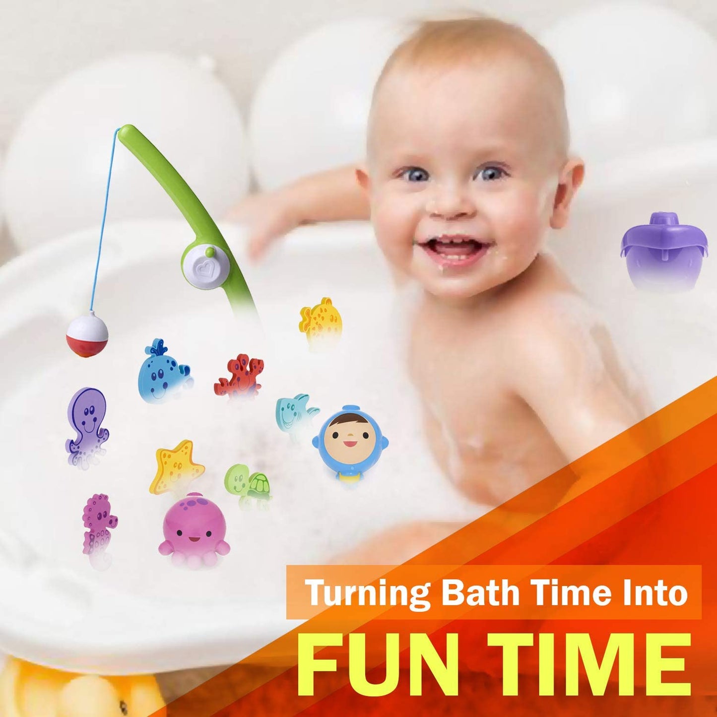 ToeZee Bath Toys for Boys & Girls | Bathtub Water Toyset with Nuby 16-Piece Floating Foam Bath Animals, Munchkin Fishin' Bath Toy, Little Boat Train Set & Bath Toy Organizer with Suction Cups