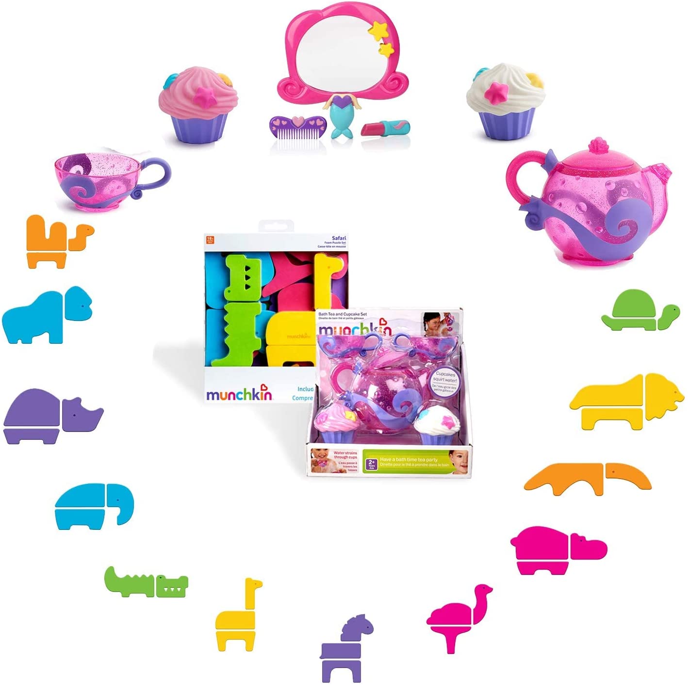 ToeZee Bath Toys for Boys & Girls | Bathtub Water Toyset - Nuby Mermaid Mirror Bath Toy Set, Munchkin Bath Tea and Cupcake Set, 33-Piece Safari Animals Bath Toy Set & Bath Toy Organizer - Suction Cups