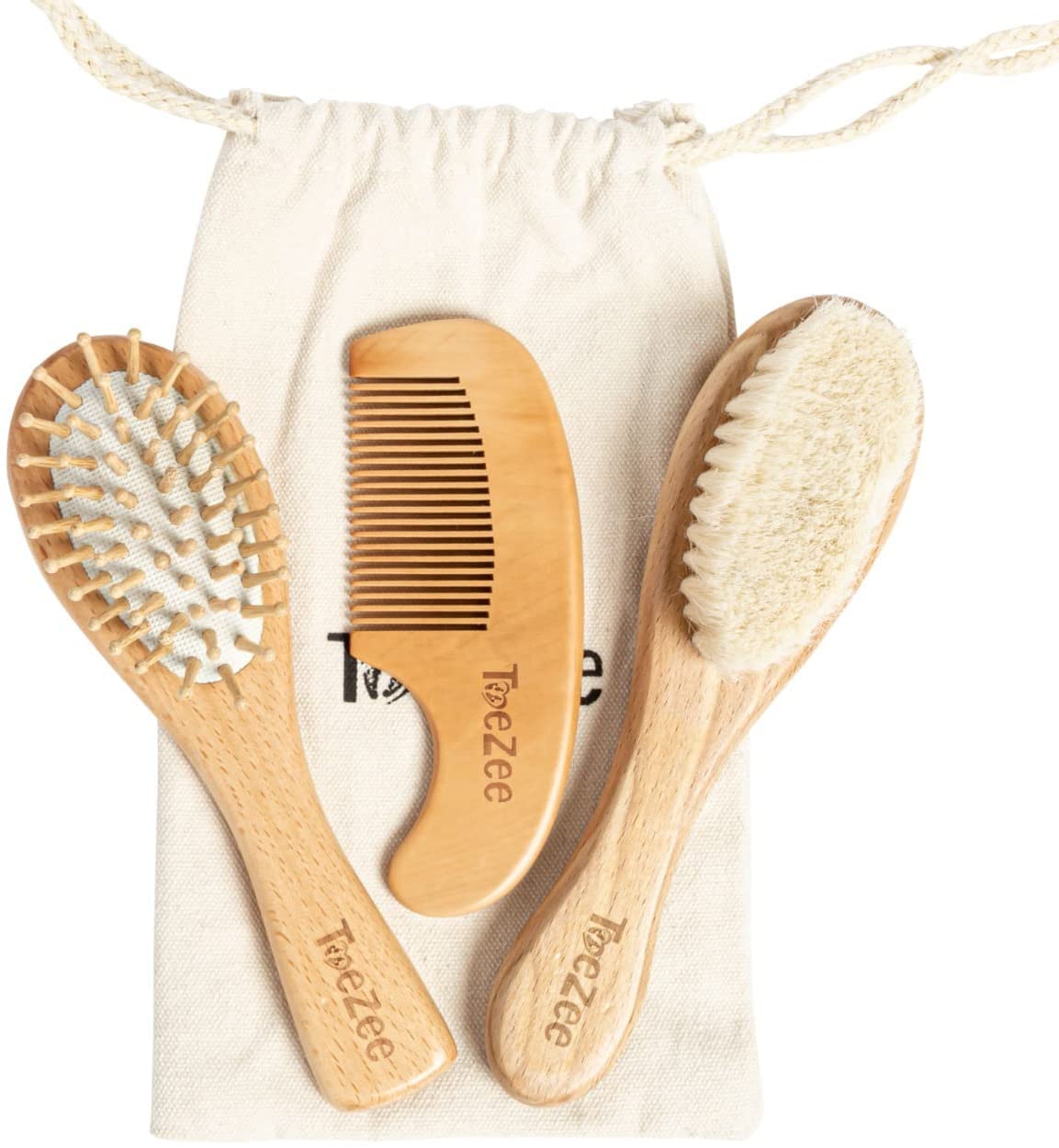 ToeZee Wooden Baby Hair Brush Set | Infant, Toddler Baby Hair Products Including Soft Goat Hair Brush for Cradle Cap, Bamboo Toddler Hair Brush, Hairbrush Comb for Scalp Grooming with Travel Bag