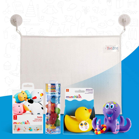 ToeZee Bath Toys for Boys & Girls | Bathtub Water Toyset with Munchkin White Hot Safety Bath Ducky, Squirtin Barn Buddies, Nuby Octopus, Little Squirt & Bath Toy Organizer with Suction Cups