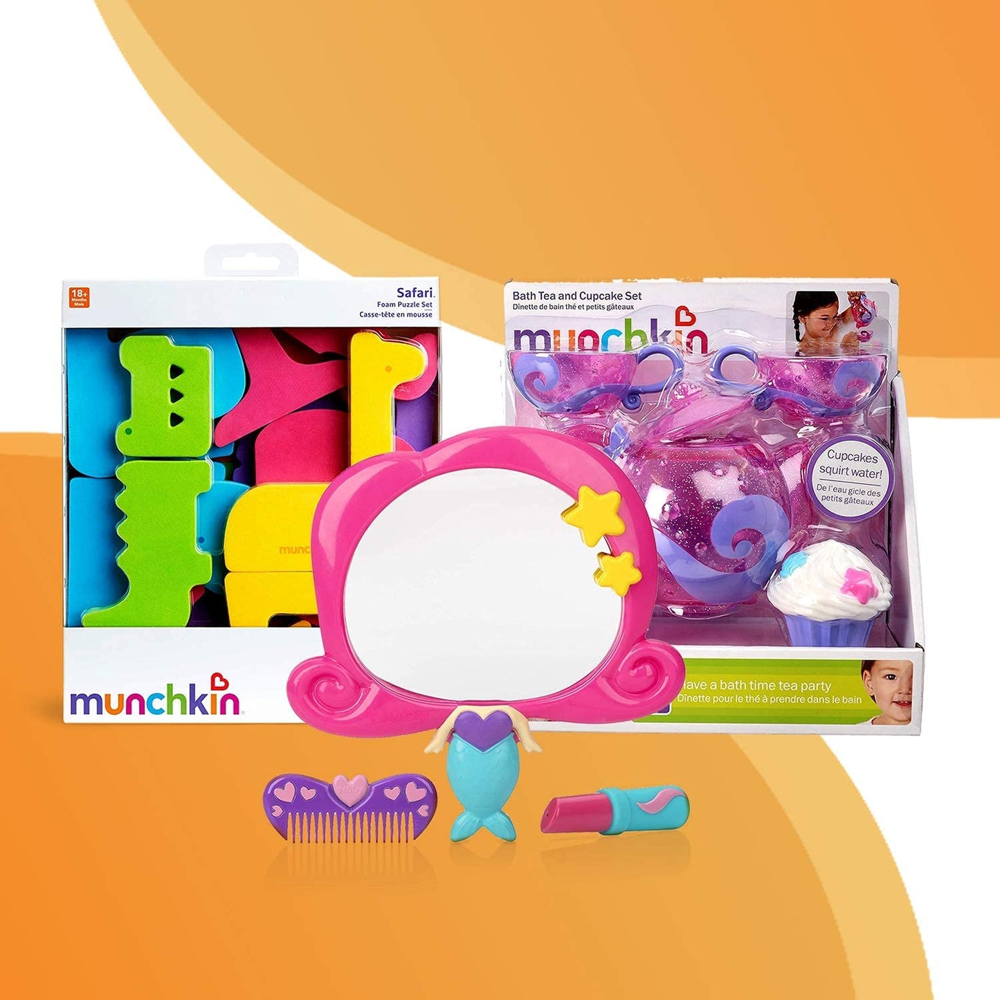 ToeZee Bath Toys for Boys & Girls | Bathtub Water Toyset - Nuby Mermaid Mirror Bath Toy Set, Munchkin Bath Tea and Cupcake Set, 33-Piece Safari Animals Bath Toy Set & Bath Toy Organizer - Suction Cups