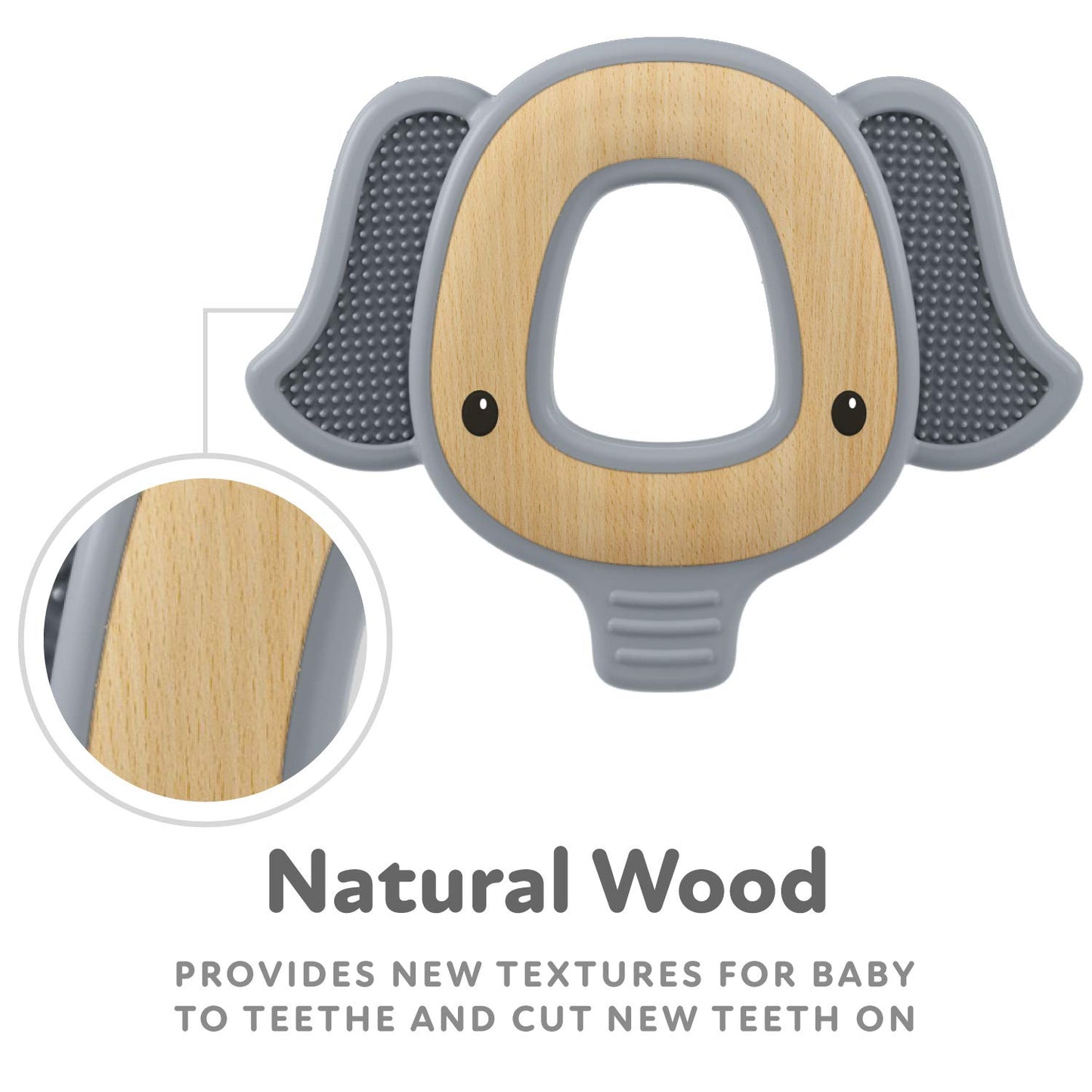 Nuby Natural Wood & Silicone Teether: Elephant, 3M+, Gray (80802)