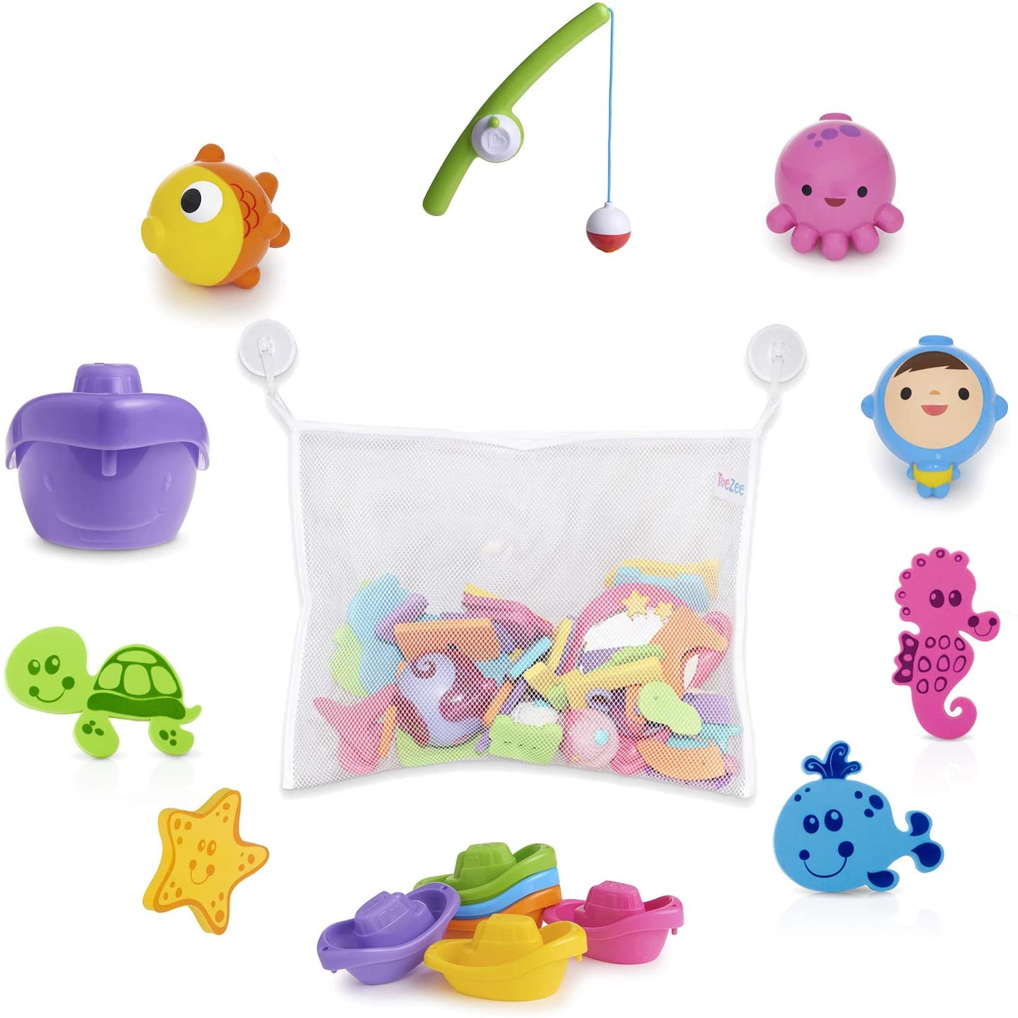 ToeZee Bath Toys for Boys & Girls | Bathtub Water Toyset with Nuby 16-Piece Floating Foam Bath Animals, Munchkin Fishin' Bath Toy, Little Boat Train Set & Bath Toy Organizer with Suction Cups