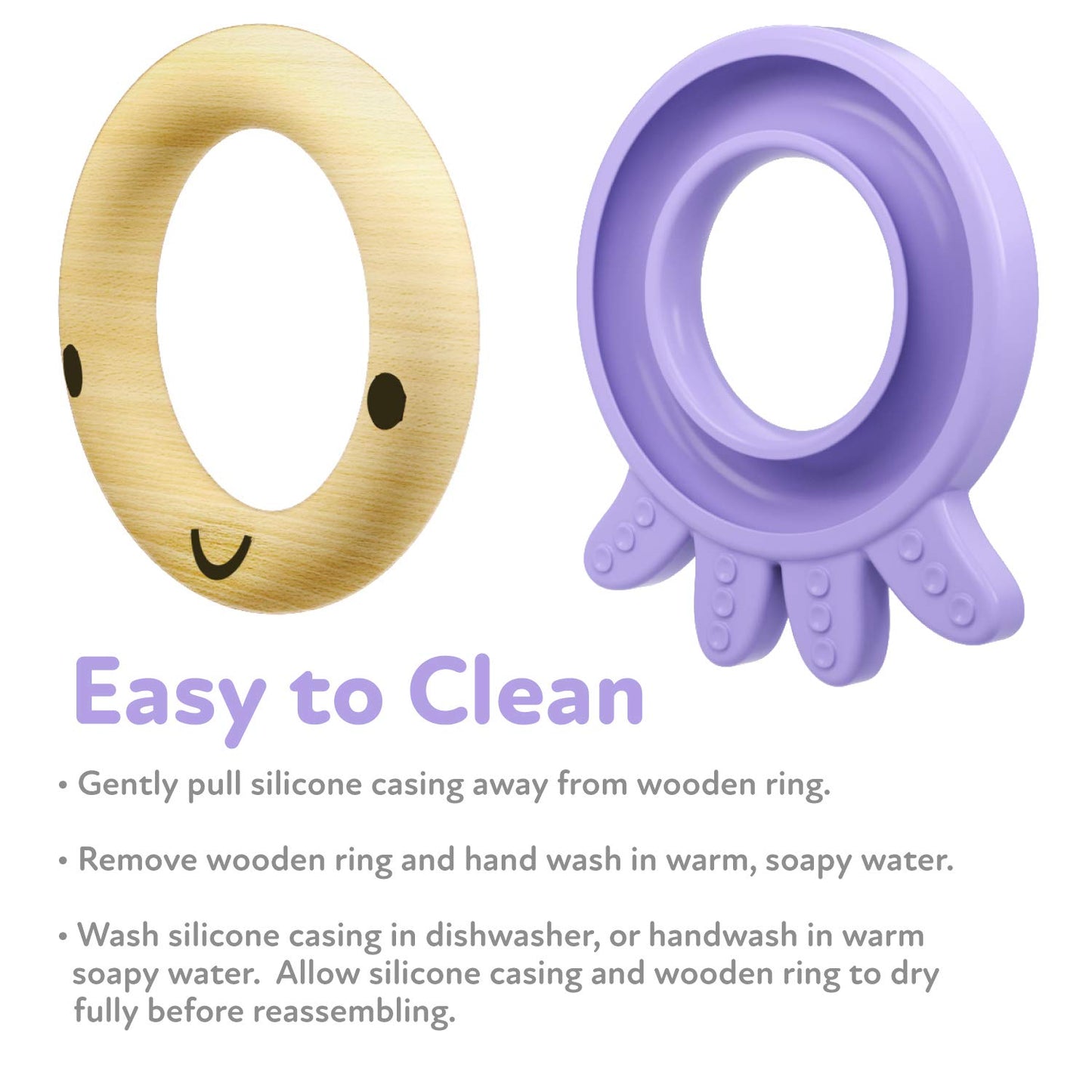 Nuby Natural Wood & Silicone Teether: Octopus, 3M+, Purple (80804)