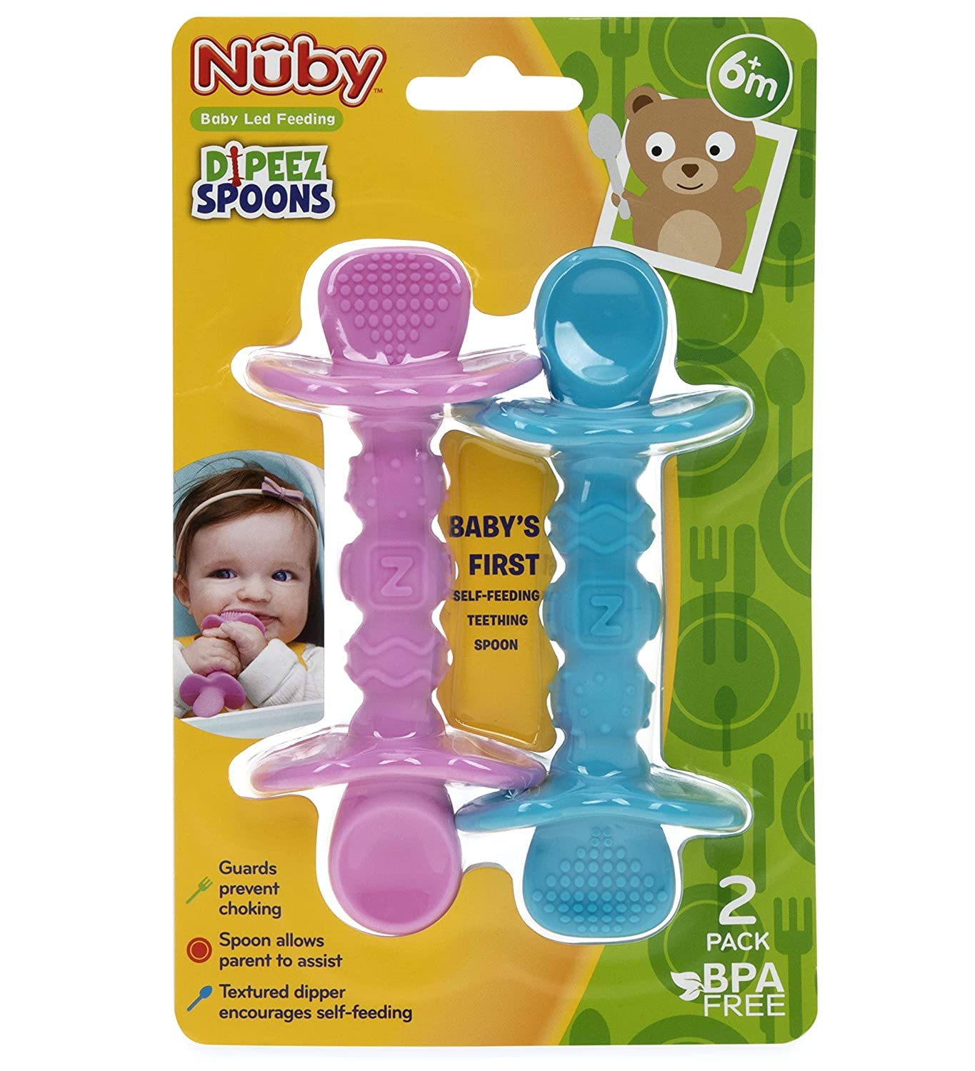 Nuby Dipeez 2 in 1 Silicone Spoons/Dipper, 2pk, Colors May Vary (Pink/Aqua)