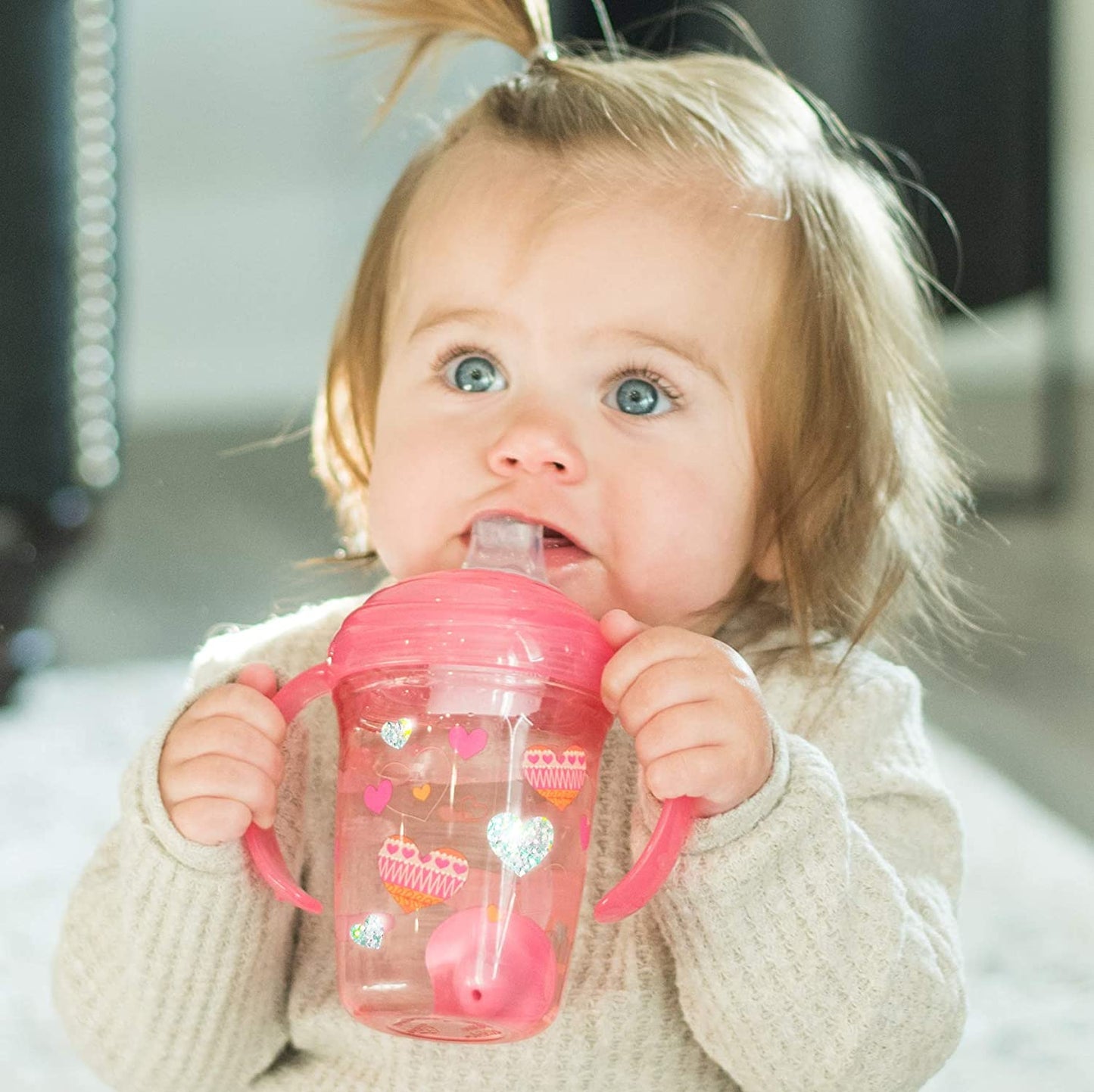 Nuby No Spill Tritan 2 Handle 360 Weighted Straw Glitter Print - Spout Cup, 8oz/ 240 Ml /4 Months +, Colors Vary: Blue Space, Red Dinosaur, Pink Fox, Green Swan