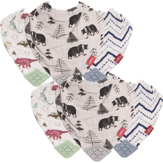 Reversible 100% Natural Cotton Muslin 6 Piece Teething Bib, Green/Grey/Blue