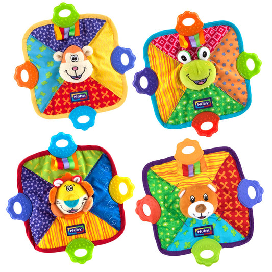 Nuby Teething Blankie Characters May Vary, Red/Yellow/Green/Orange/Blue, 1 Count