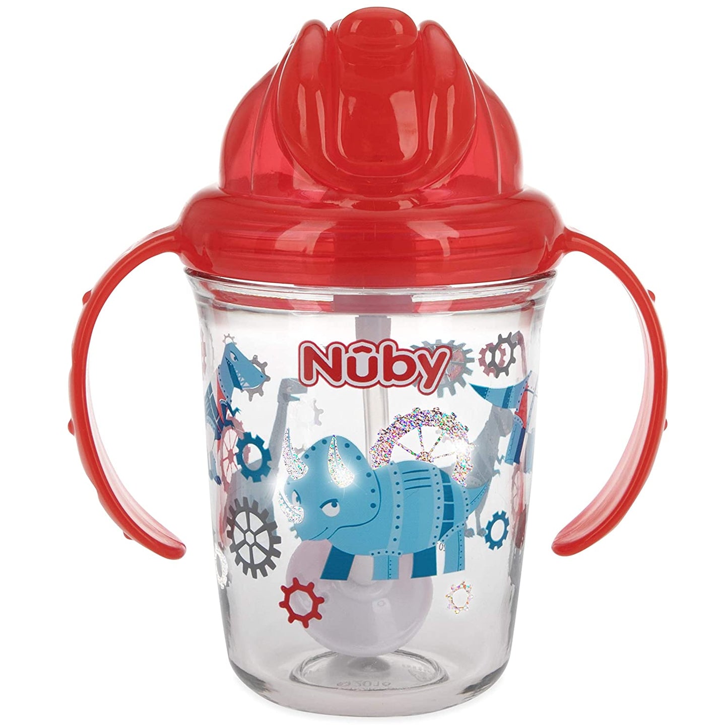 Nuby No Spill Flip N Sip 2 Handle Tritan 360 Weighted Straw Glitter Print - 8oz/ 240 Ml/ 12 M+, Colors Vary: Blue Space, Red Dinosaur, Pink Fox, Green Swan