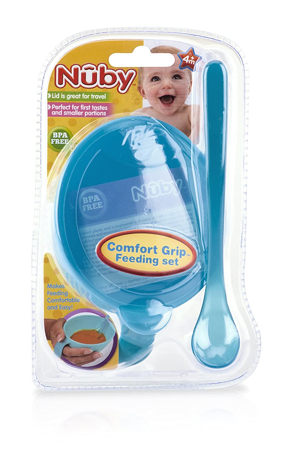 Nuby, Non-Skid Comfort Grip Baby Food Plastic Feeding Bowl with Lid and Spoon, Colors May Vary