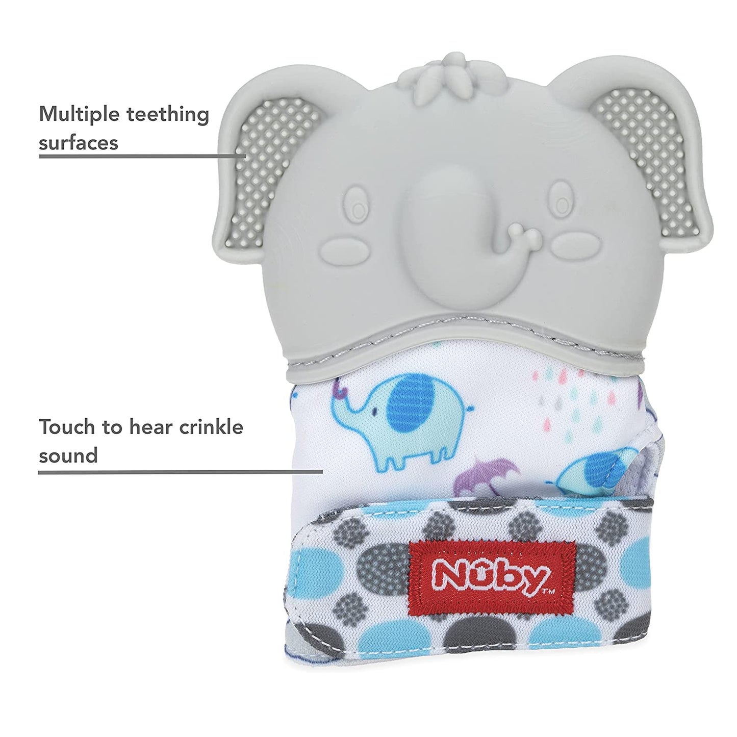 Nuby Happy Hands Silicone Teething Mitten: 3M+, Elephant, Gray (80729)