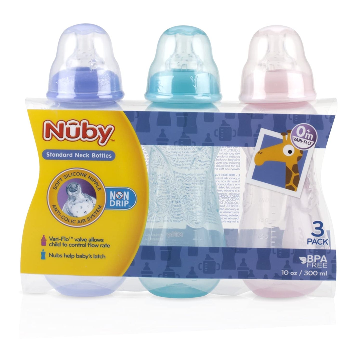 Nuby 3-Pack Non-Drip Standard Neck Bottles, 10 Ounce, Colors May Vary