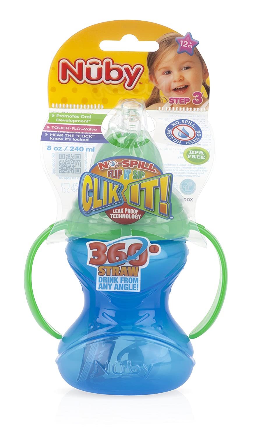 Nuby No-Spill Flip N' Sip Clik-It Cup with 360 Straw, 8 Ounce, Colors May Vary, Multicolor