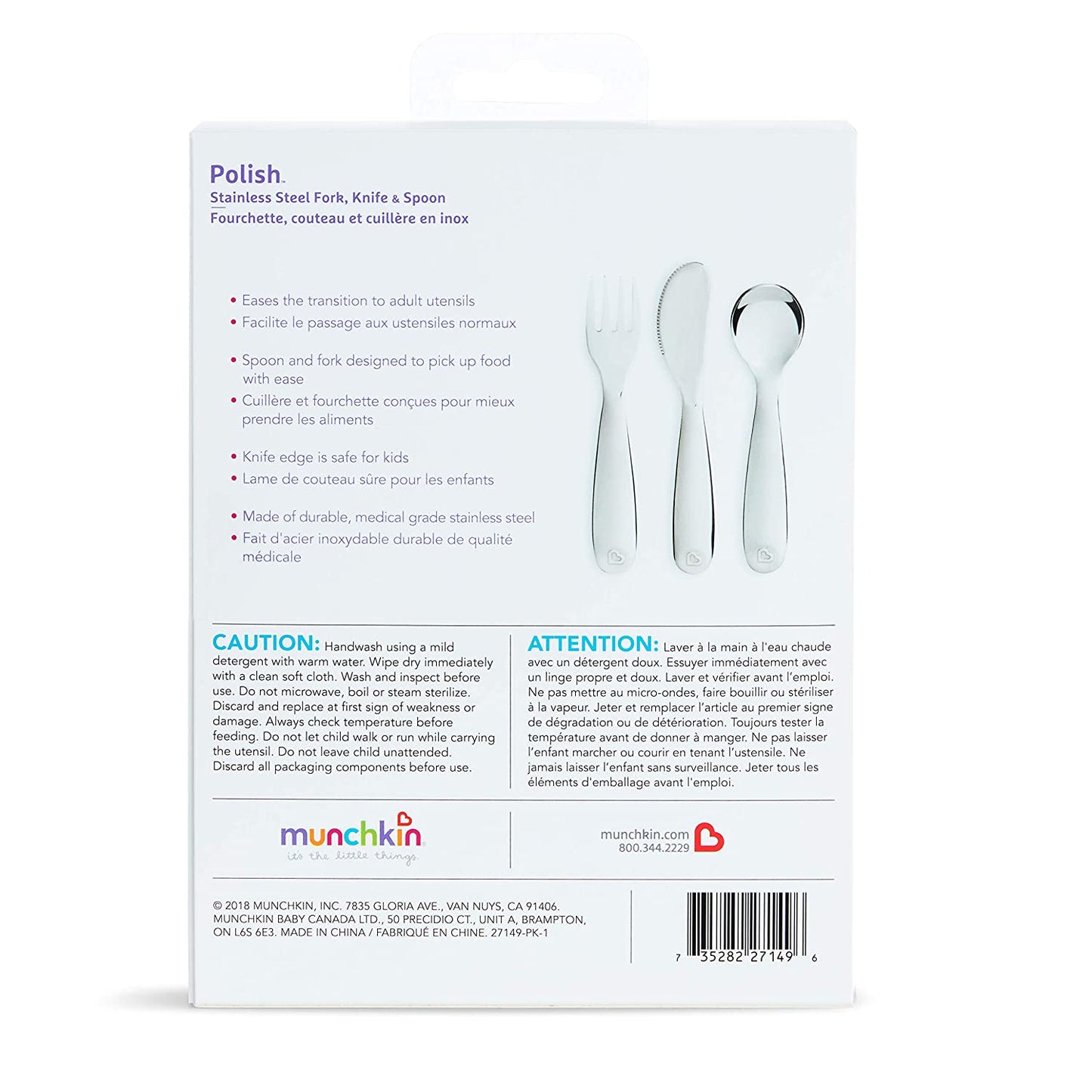 Munchkin Polish Toddler Fork, Knife and Spoon Utensil Set, Stainless Steel