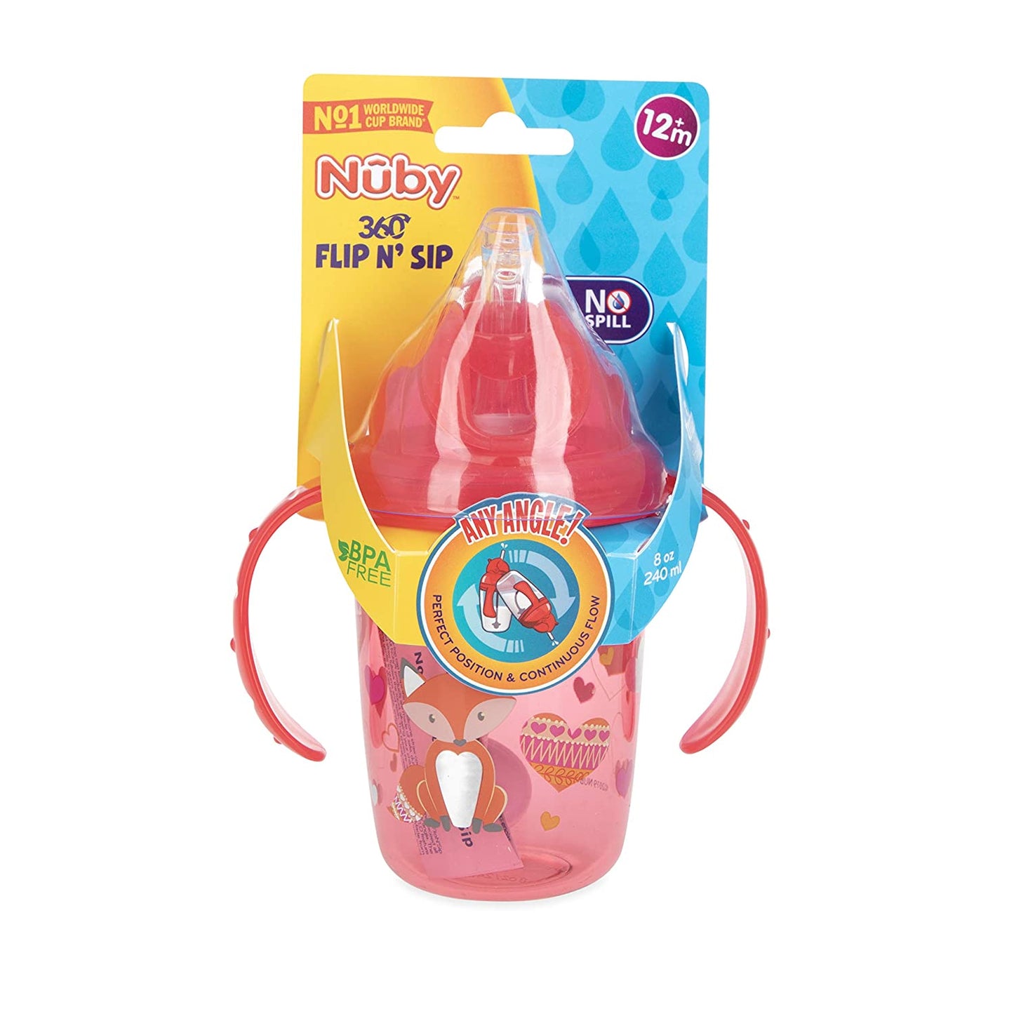 Nuby No Spill Flip N Sip 2 Handle Tritan 360 Weighted Straw Glitter Print - 8oz/ 240 Ml/ 12 M+, Colors Vary: Blue Space, Red Dinosaur, Pink Fox, Green Swan