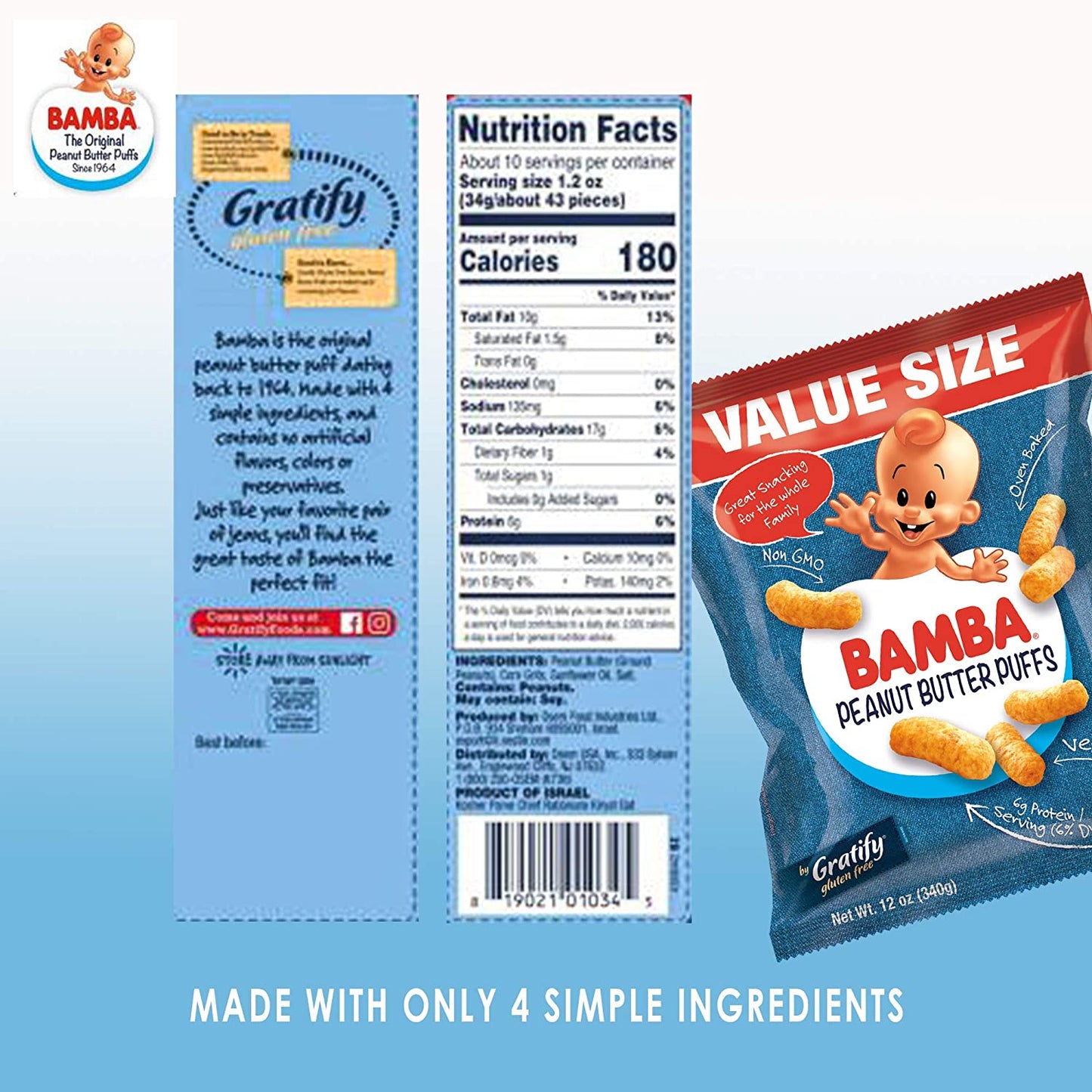 Gratify Bamba Peanut Butter Snacks for Families - All Natural Peanut Butter Puffs Value Size ( 2 pack - 12oz Bags) - Peanut Butter Puffs made with 4 Simple Ingredients. Family Size Bags