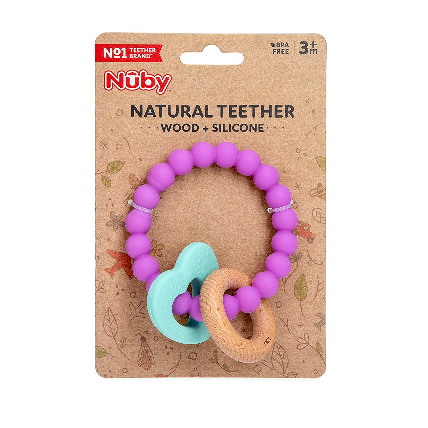 Nuby Natural Wood & Silicone Teether: 3 M+, Heart Bracelet, Pink (80679)