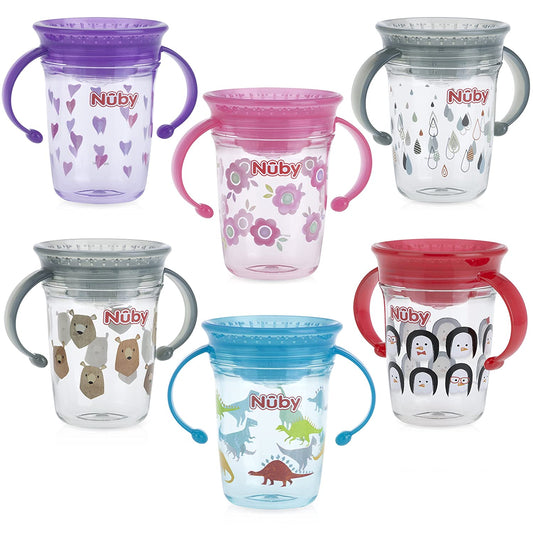 Nuby Tritan No Spill 2 Handle 360 Degree Printed Wonder Cup, Prints May Vary, 1pk