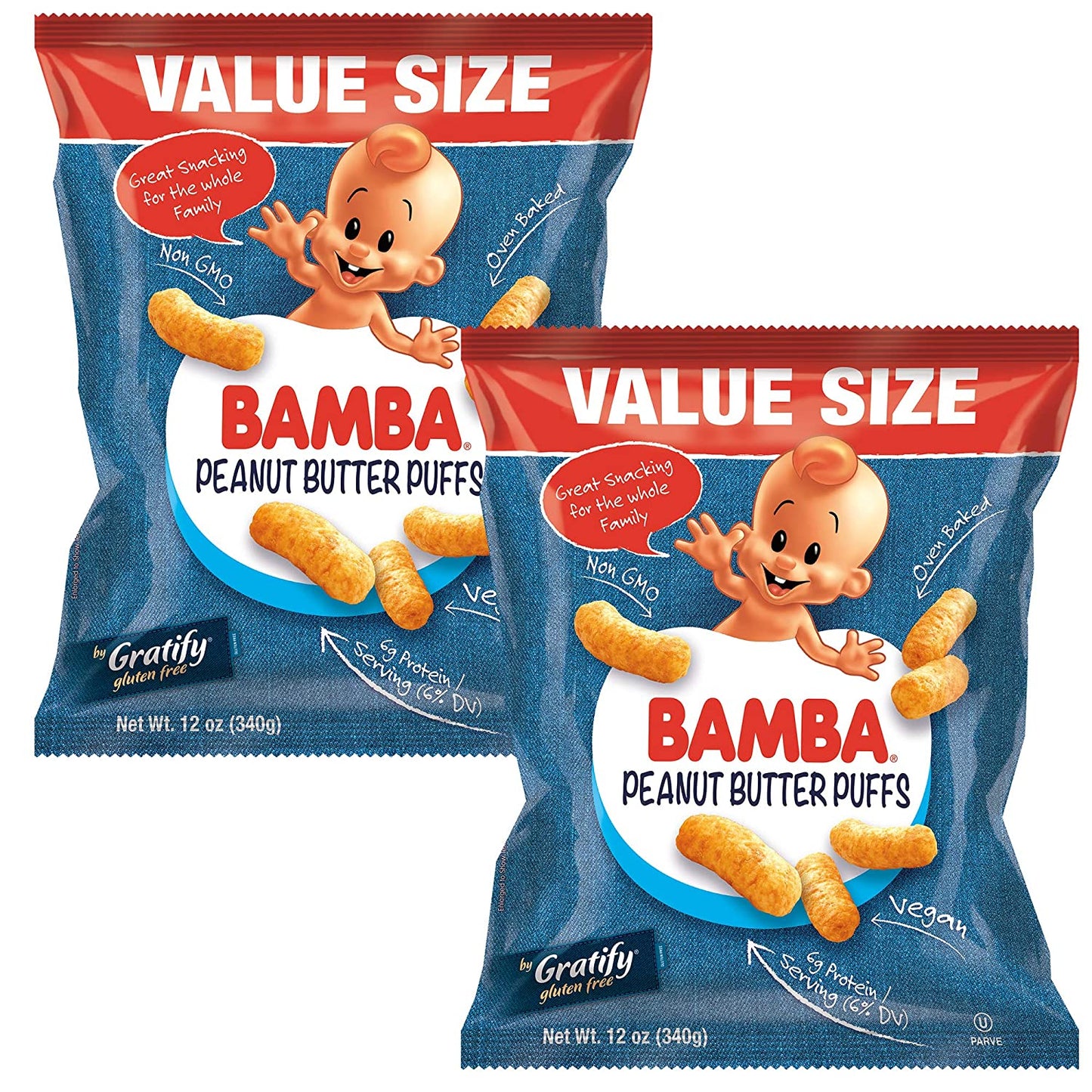 Gratify Bamba Peanut Butter Snacks for Families - All Natural Peanut Butter Puffs Value Size ( 2 pack - 12oz Bags) - Peanut Butter Puffs made with 4 Simple Ingredients. Family Size Bags