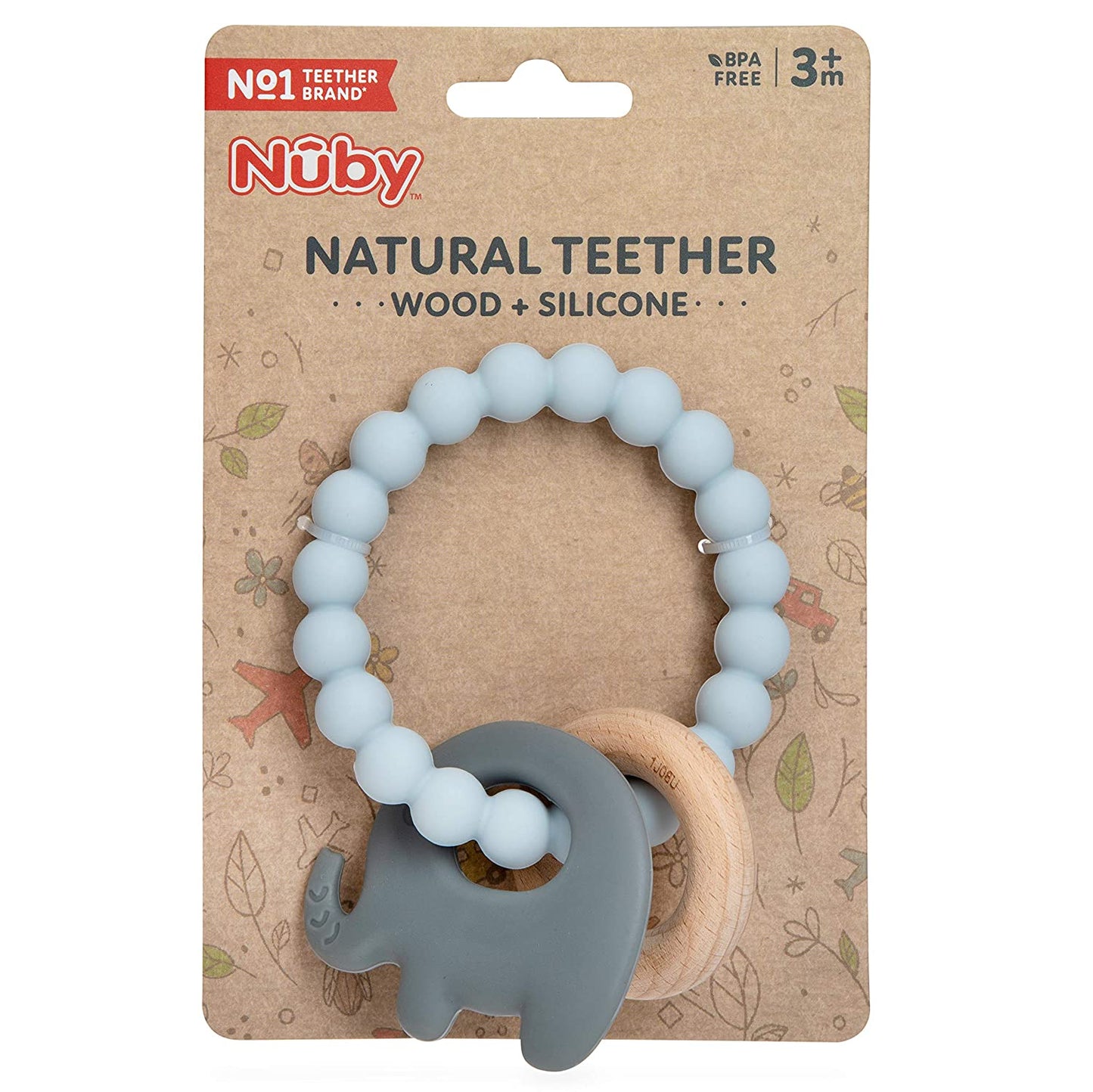 Nuby Natural Wood & Silicone Teether Ring: 3 M+, Elephant, Gray (80678)