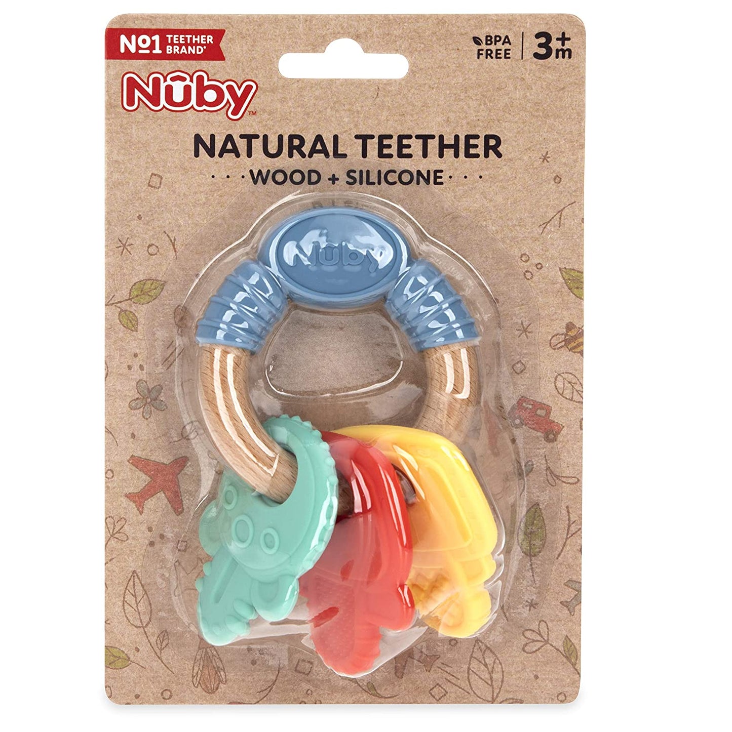 Nuby Natural Wood & Silicone Teether Keys- 3M+, Multi (6907)