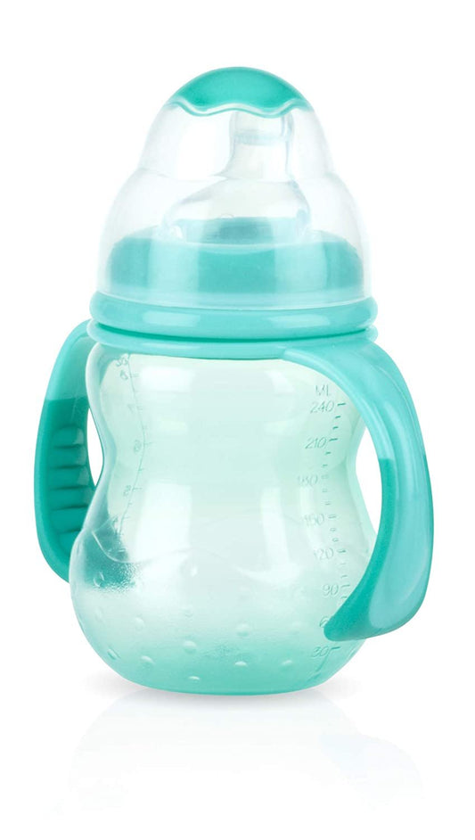 Nuby 3-Stage Wide Neck No Spill Bottle with Handles And Non-Drip Juice Spout, 3 Months, 8 Ounce, Teal