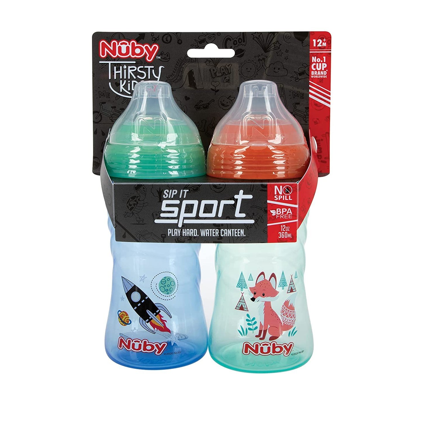 Nuby 2 Pack No Spill Printed Thirsty Kids No-Spill Sip-it Sport Cup with Soft Spout and Lid - 12oz, 12+ Months, 2 Pack, Print May Vary
