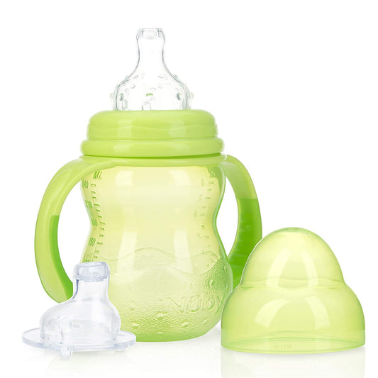 Nuby 3-Stage Wide Neck No Spill Bottle with Handles and Non-Drip Juice Spout, 3 Months, 8 Ounce, Green