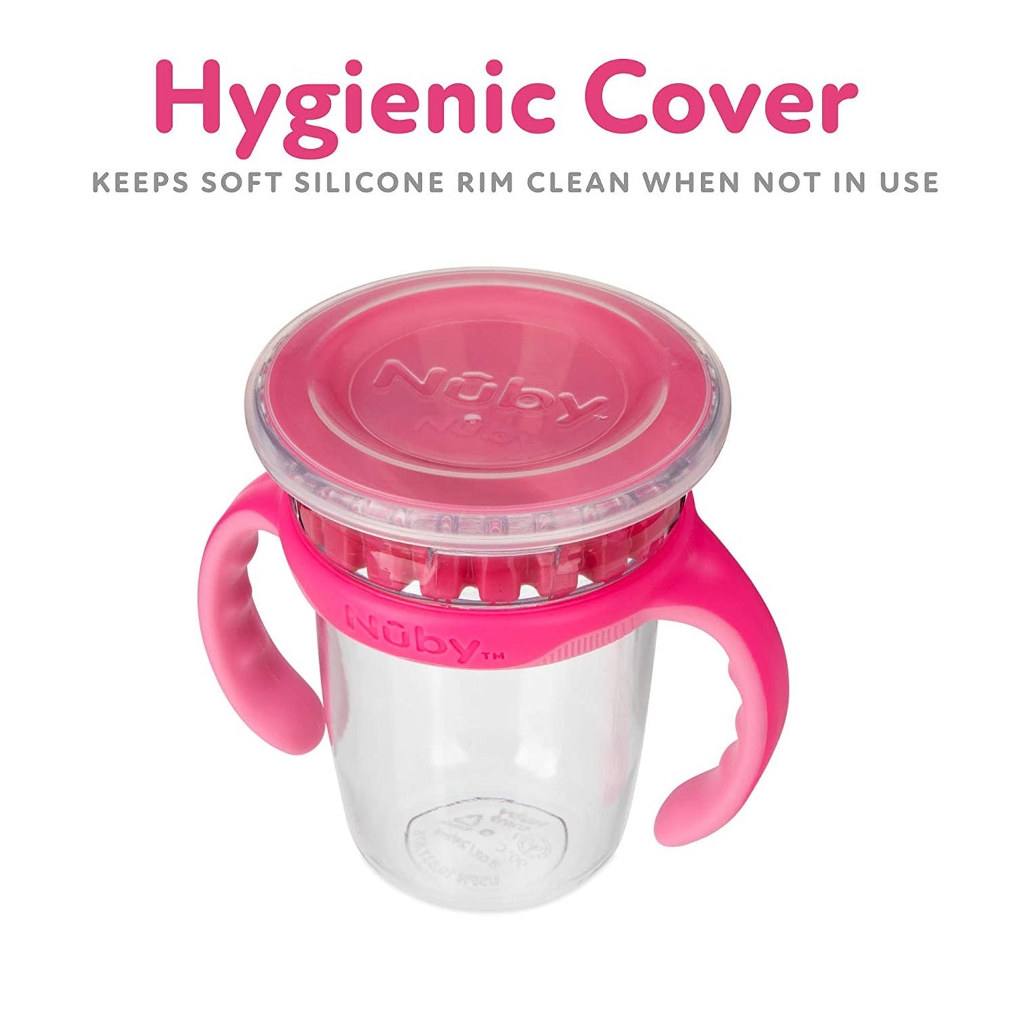 Luv N Care/NUBY Nuby 360 Edge 2 Stage Drinking Rim Cup with Removable Handles & hygienic Cover: 8 Oz/ 240 Ml, 12M+, Pink 80662