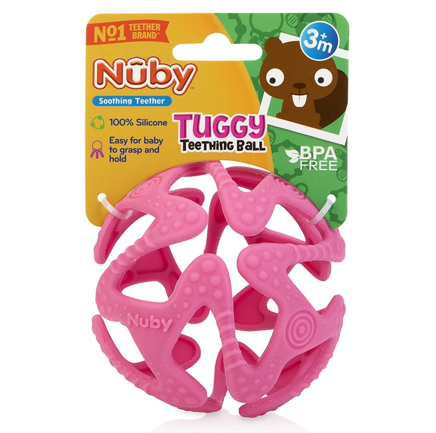 Nuby 100% Silicone Tuggy Teether Ball, 6 Months +, Colors May Vary