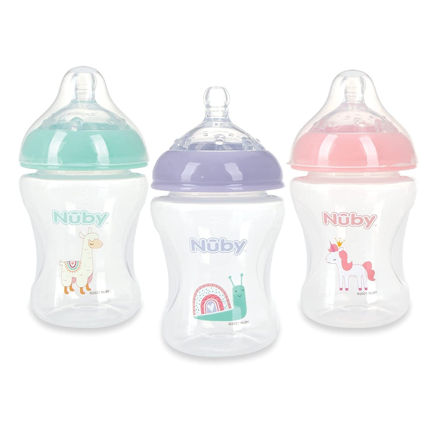 Nuby 3-Pack Infant Feeding Bottles with Slow Flow Breast Size Silicone Nipple: 0+ Months, 8oz, 3 Pack Set: Delicate Llama, Snail, Unicorn Prints