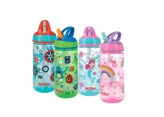 Nuby 2 Pack Iridescent Flip-it Kids On-The-Go Printed Water Bottle with Bite Proof Hard Straw - 18oz / 540 ml, 18+ Months, 2 pk Prints May Vary