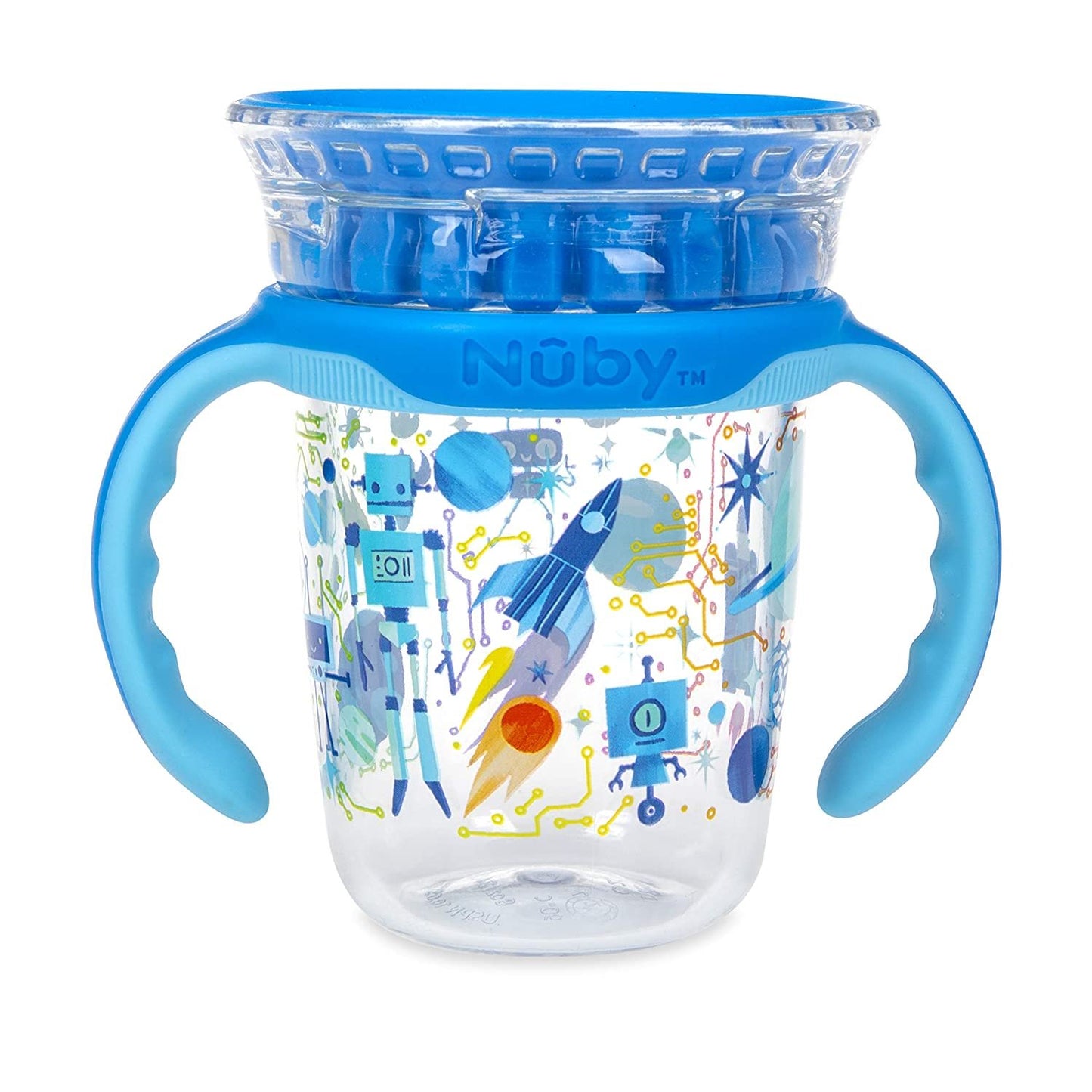 Luv N Care/NUBY Nuby 360 Edge 2 Stage Drinking Rim Cup with Removable Handles & hygienic Cover: 8 Oz/ 240 Ml, 12M+, Robot, Blue