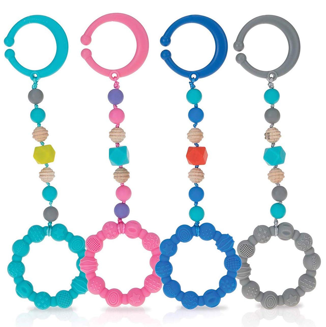 Nuby 100% Silicone Teether Ring with Silicone Beaded String and Clip for Carseat and Stroller, 3 Months +, Colors May Vary