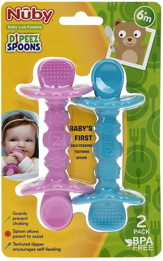 Nuby Dipeez 2 in 1 Silicone Spoons/Dipper, 2pk, Pink/Aqua