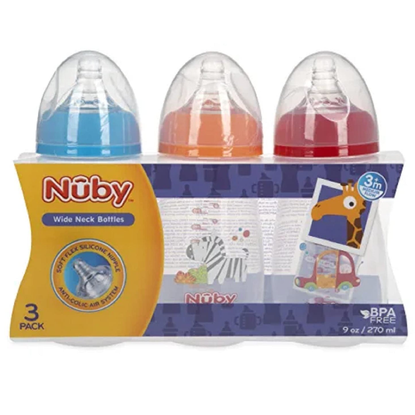 Nuby Tritan Wide Neck Non-Drip Bottles with Anti-Colic Air System: 9oz./ 270 Ml, 3 Pack, 0M+,Blue/Orange/red