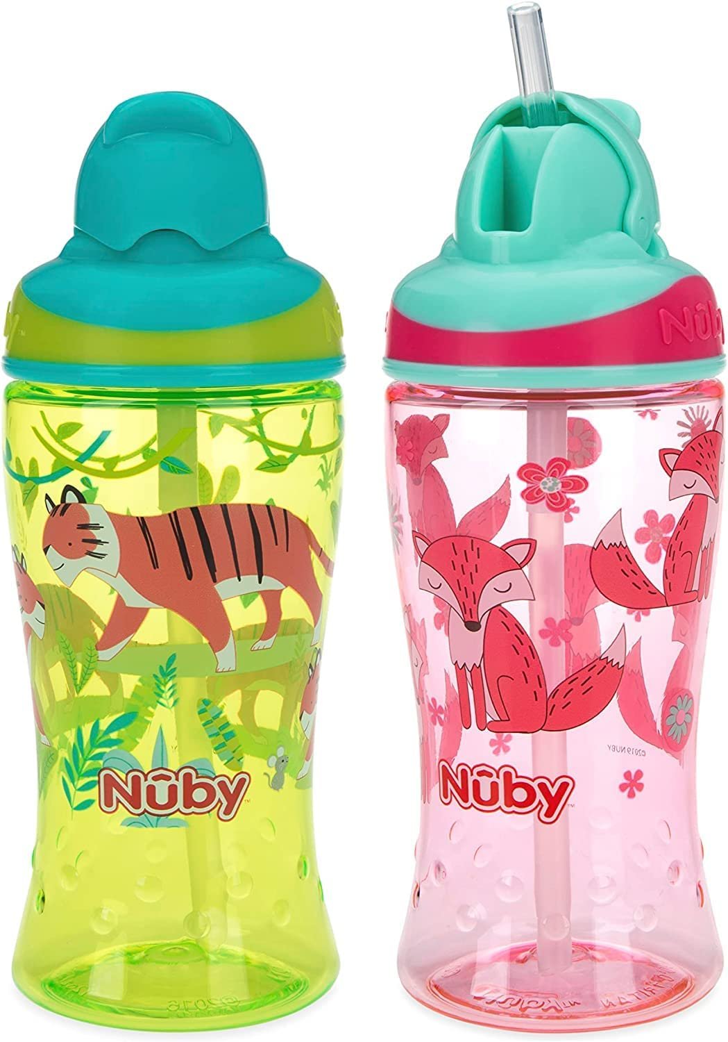 Nuby Thirsty Kids No-Spill Flip-it Printed Boost Cup with Thin Soft Straw - 12oz, 18+ Months, (adventure mountains/ space)