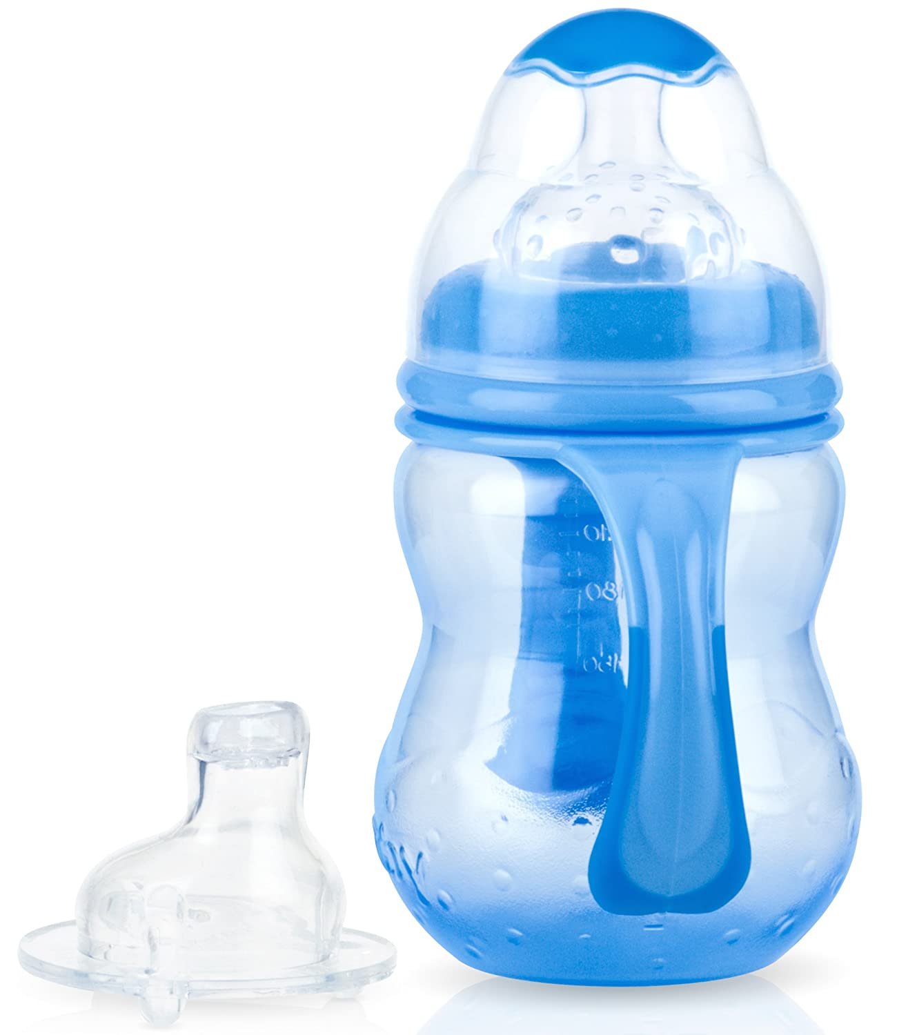 Nuby 3-Stage Wide Neck No Spill Bottle with Handles And Non-Drip Juice Spout, 3 Months, 8 Ounce, Teal