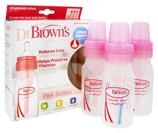 Dr. Brown's Natural Flow Anti-Colic Baby Bottles -Pink - 4oz - 3-Pack