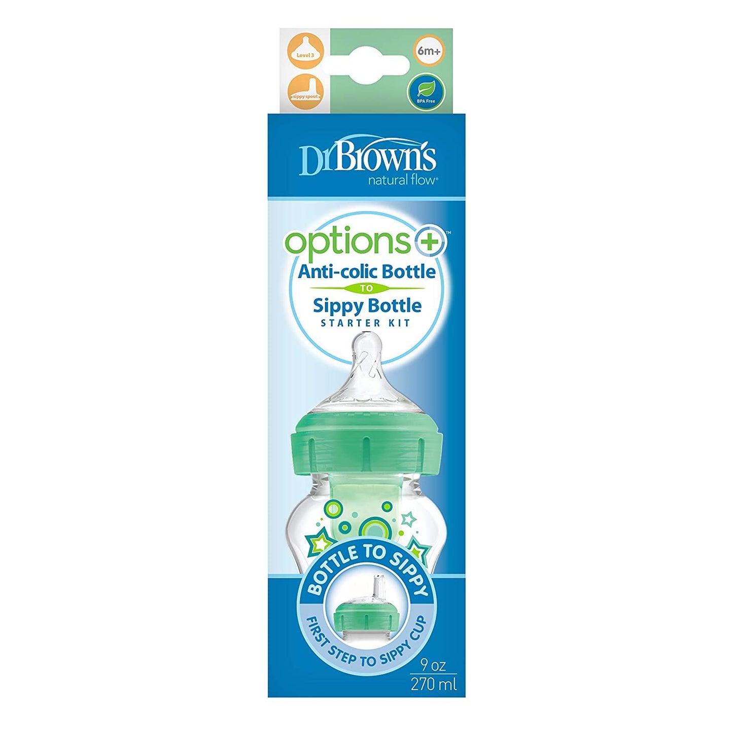 Dr. Brown's Options+ Wide-Neck Bottle to Sippy Baby Bottle Start Kit, Green, 9 Ounce