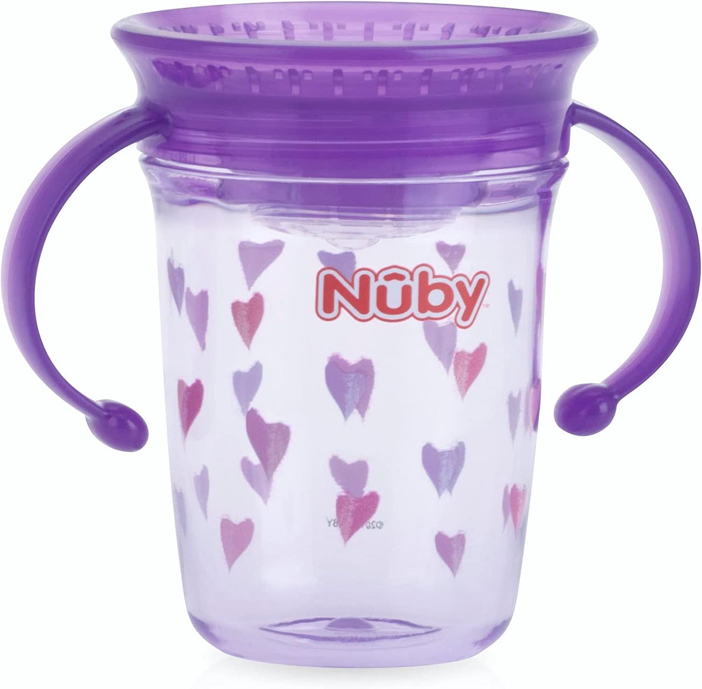 Nuby Tritan No Spill 2 Handle 360 Degree Printed Wonder Cup (Gray bear print, Purple hearts, Pink flowers)