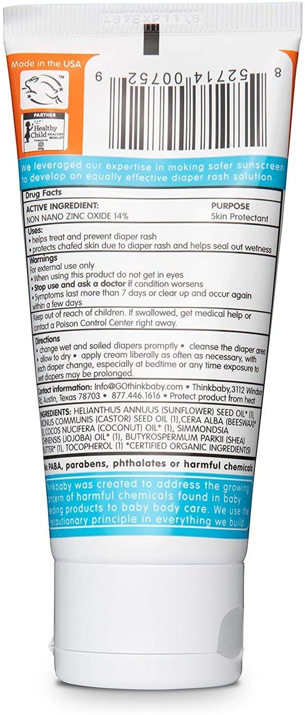 Thinkbaby Diaper Rash Ointment | Baby Rash Relief, Applies and Absorbs Easily | 14% Zinc Oxide, Free of Parabens, Phthalates, Dioxane and Toxic Chemicals - 3oz