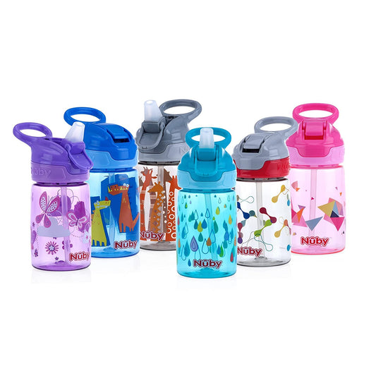 Nuby Kid’s Flip-it Reflex Push Button On-The-Go Printed Water Bottle with Soft Spout - 12oz / 360ml, 18+ Months, 1pk Print May Vary