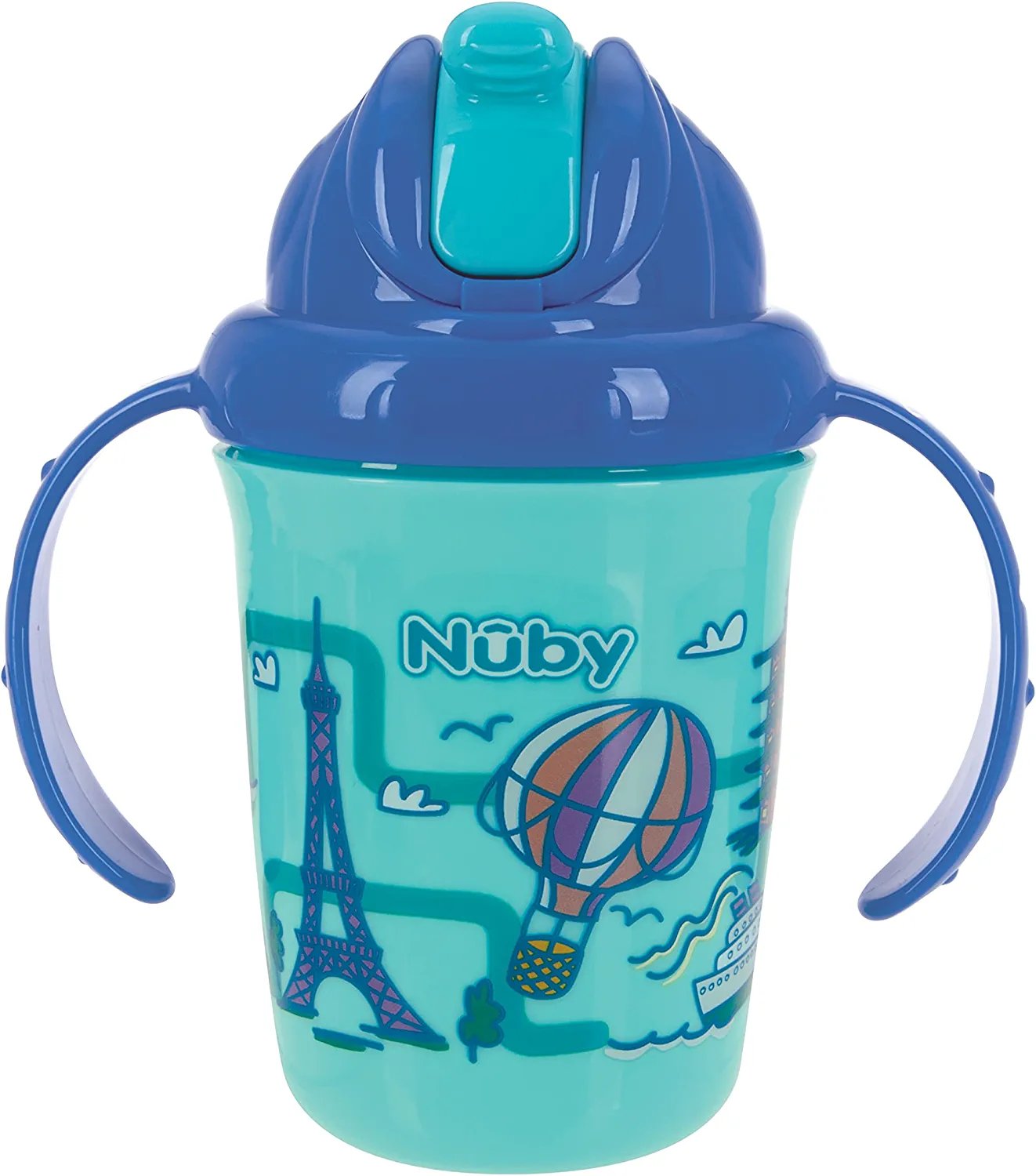Nuby 2-Handle No-Spill Flip-it Fat Straw Printed Cup - 8oz/ 240 ml, 12+ Months, 1pk