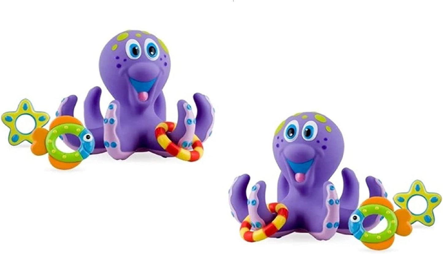 Nuby Interactive Bath Toy Purple Octopus Hoopla with 3 Toss Rings - Helps Develop Hand-Eye Coordination - Soft and Flexible Floating Bath Toy for Toddlers 18+ Months - BPA-Free Bathtime Toy (2 Count)