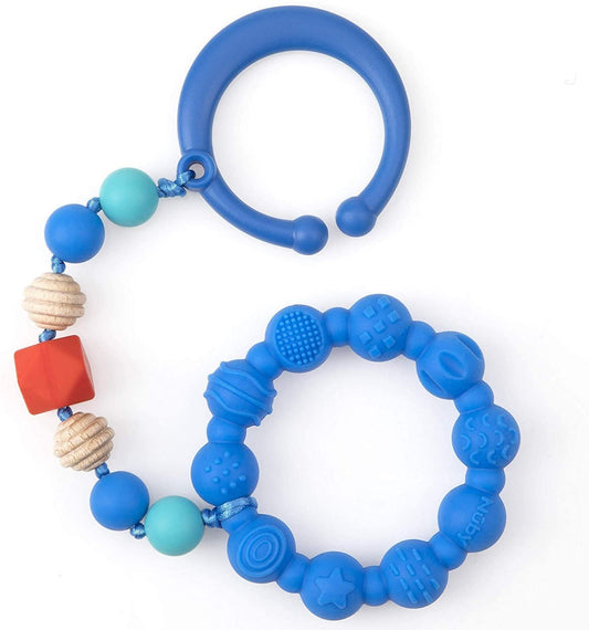 Nuby 100% Silicone Teether Ring with Silicone Beaded String and Clip for Carseat and Stroller, 3 Months + (Blue)