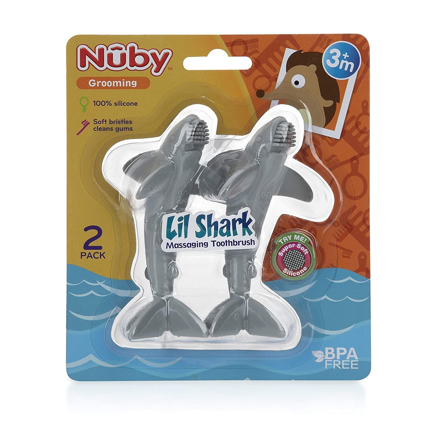 Nuby 100% All Silicone Shark Massager Toothbrush, 2 Pack, 3 M+, Colors May Vary, Multi (6878)